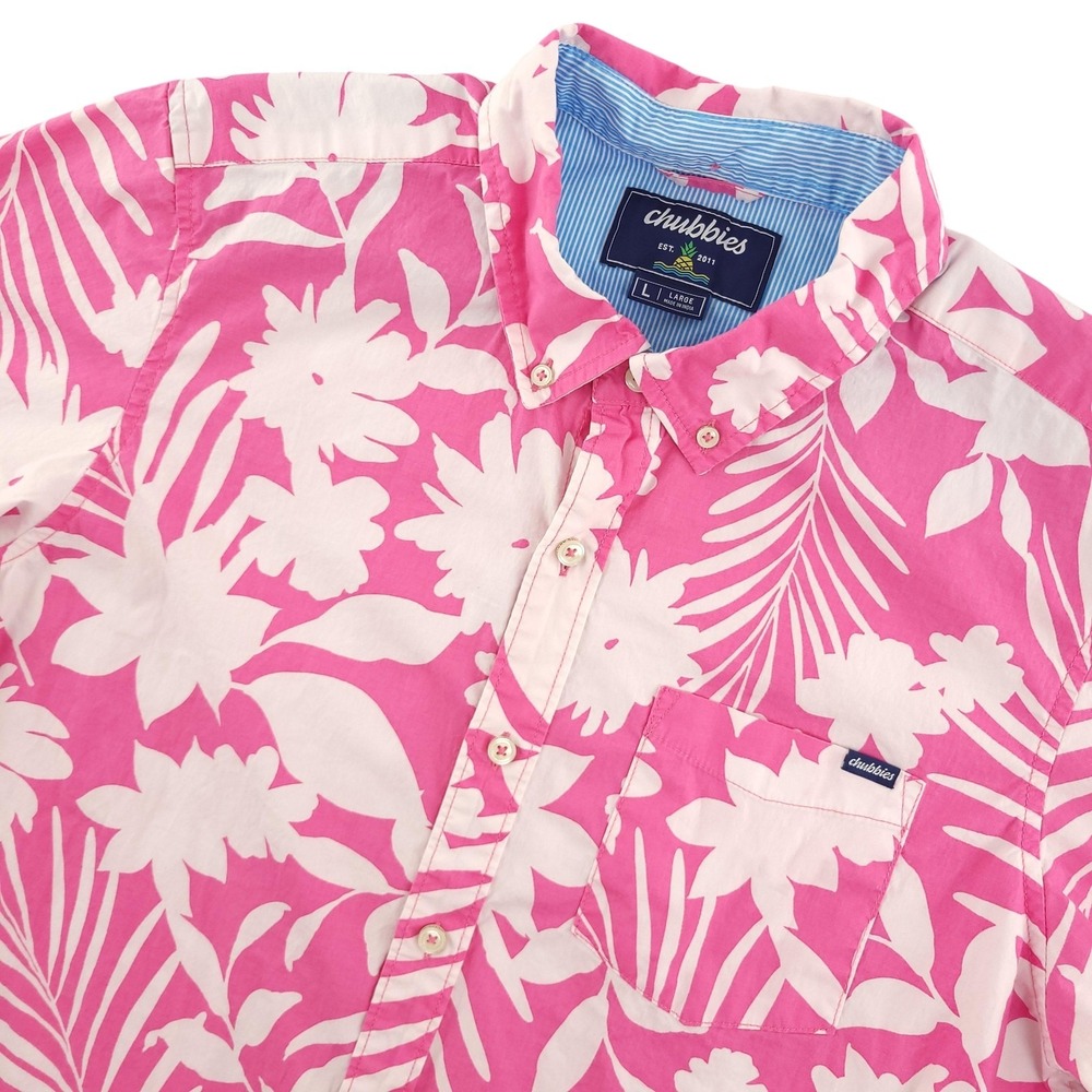 Chubbies Shirt Mens L Pink Floral Hawaiian Short Sleeve Button Up Stretch Casual